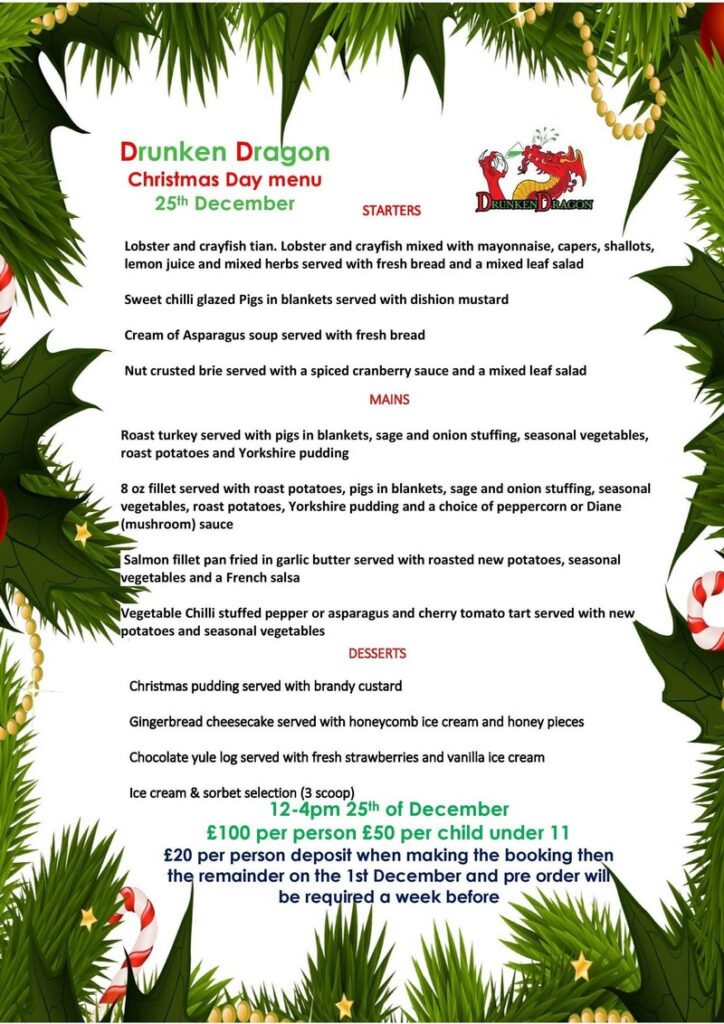 drunken dragon christmas day 2025 menu